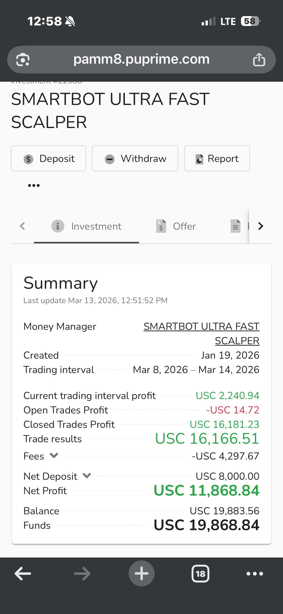 Investor statement +11,869 USC net profit